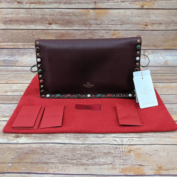 Valentino Garavani Handbags - Valentino Rockstud Burgundy CalfskinLeather Clutch